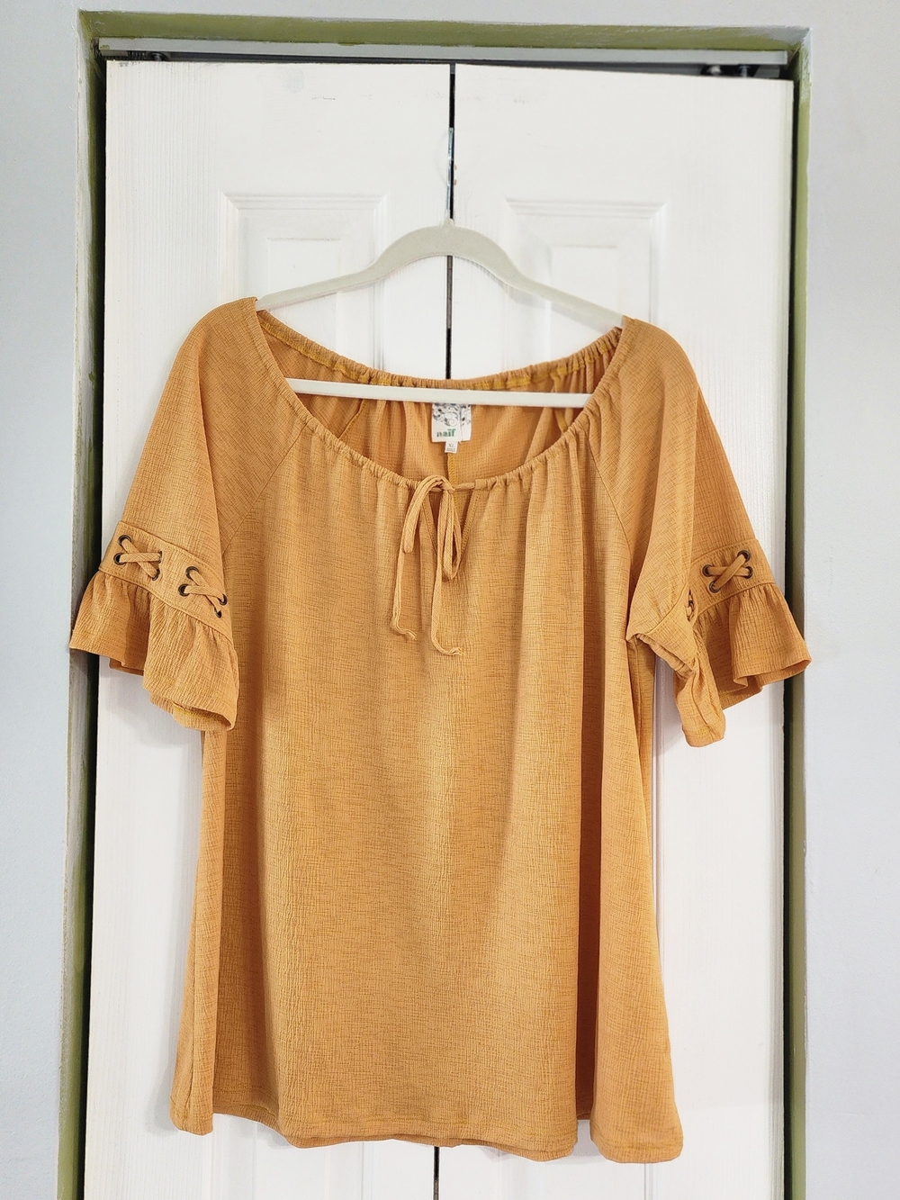 NAIF Mustard Yellow Peasant Blouse with Ruffle Sleeves Size XL